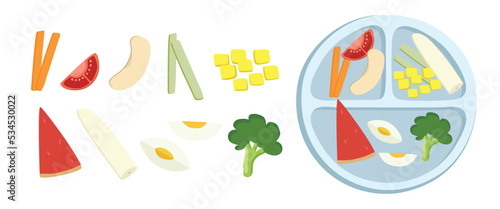 Baby led weaning food clipart. Baby-led weaning BLW plate full of finger food for kid self-feeding flat vector illustration. Carrot, tomato, banana, apple, egg, broccoli, watermelon cartoon style icon