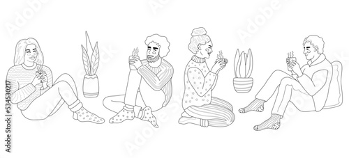 Outline characters. Men and women holding cups with hot coffee or tea, sitting and smiling. A concept of cozy romantic evenings. Autumn or winter everyday fashion.