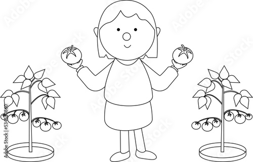 Girl in the garden vector illustration for coloring