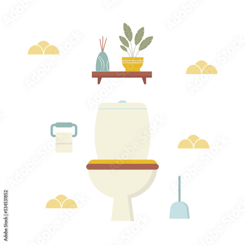 Toilet interior.  White ceramic lavatory pan, toilet paper, toilet brush. Flat vector illustration