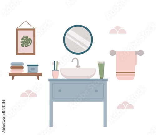 Bathroom interior with mirror, sink, towel holder and picture. Shelf with towels and cosmetics. Cozy bath interior.
