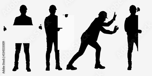 Silhouettes set of workers with helmets. A worker holding a sign. Vector flat style illustration isolated on white