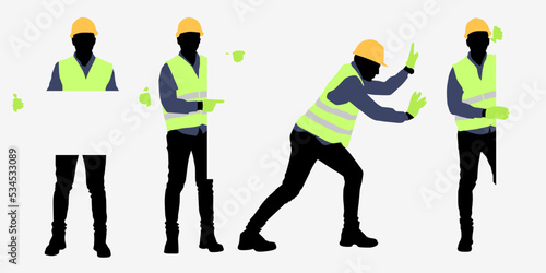 Silhouettes set of workers with helmets. A worker holding a sign. Vector flat style illustration isolated on white