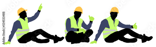 Silhouettes set of workers with helmets. A worker sitting on the ground. Vector flat style illustration isolated on white