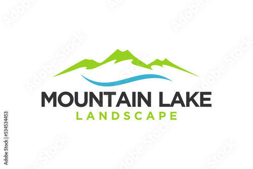 Landscape Hills logo design Mountain Peak River lake Simple Vector illustration