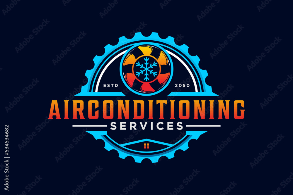 Naklejka premium Air conditioning Cooling and heating house logo design blower fan icon symbol cog gear industry symbol