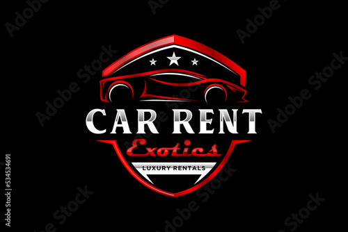 Luxury expensive car rental logo design, automotive icon symbol metalic reflection shield shape garage emblem badge