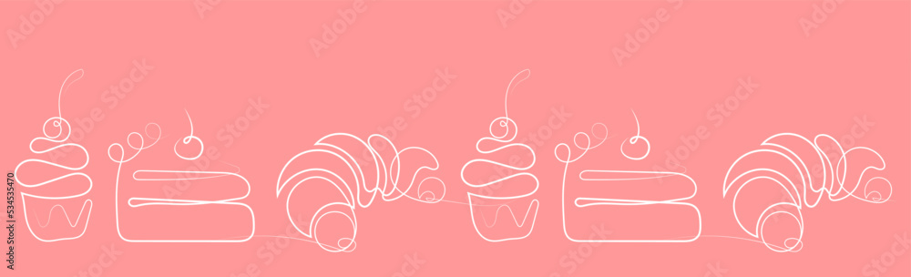  Croissant and cake. Fresh baking, for menu, cafe, bakery, logo, color and black and white illustration. delicious bread croissant bakery