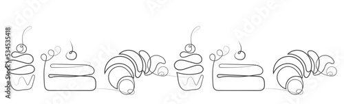  Croissant and cake. Fresh baking, for menu, cafe, bakery, logo, color and black and white illustration. delicious bread croissant bakery