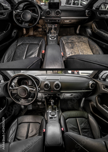 Before and after capital, detailed dry cleaning. Shine and purity. Car wash. Service. Luxury car inside. steering wheel. Comfortable leather seats. Black leather. Dirt and fungus. © Sergey