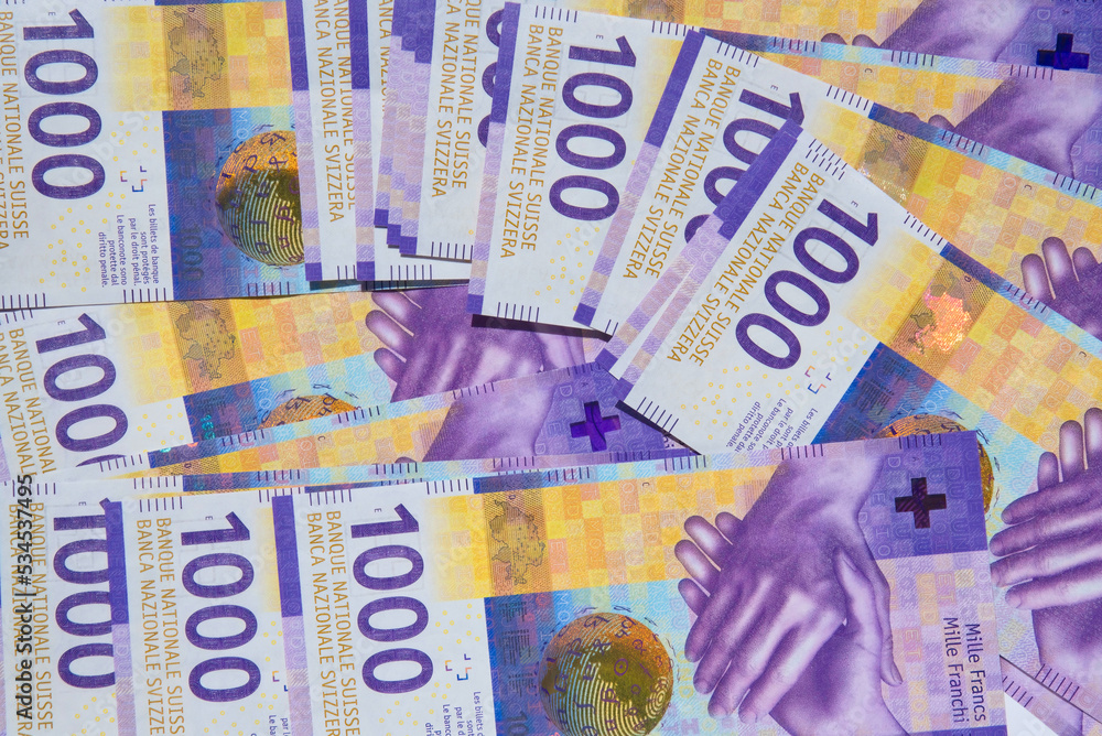 Swiss currency. 1000 swiss francs banknotes background