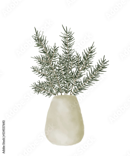 Bouquet of Christmas tree branches. Traditional symbol of the New Year. Vector illustration of pine branches in vase