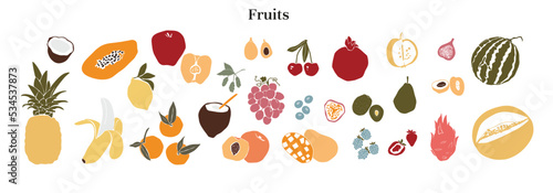 Fototapeta Naklejka Na Ścianę i Meble -  Vector Fruit Berries, Coconut, Bananas, Blueberry, Blackberry, Pomegranate, Cherry, Peach, Mango, Papaya, Orange, Pineapple, Grape