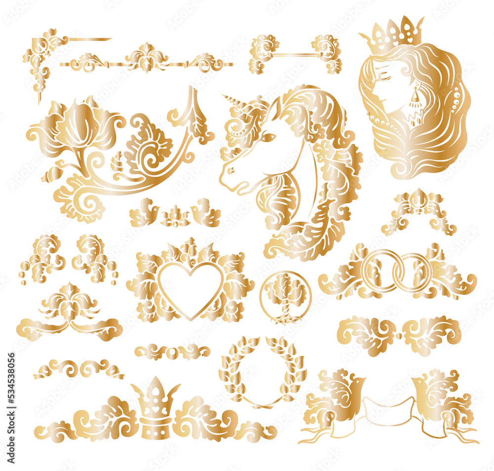 PNG transparent set of golden foil medieval decorative elements, fairy tale wedding with princess, unicorn, swirls, hearts and rings stickers collection PNG transparent set of golden foil medieval decorative elements, fairy tale wedding with princess, unicorn, swirls, hearts and rings stickers collection