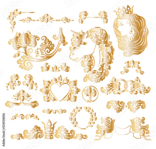 PNG transparent set of golden foil medieval decorative elements, fairy tale wedding with princess, unicorn, swirls, hearts and rings stickers collection