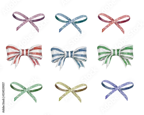 Watercolor Colorful Bows . White Background.