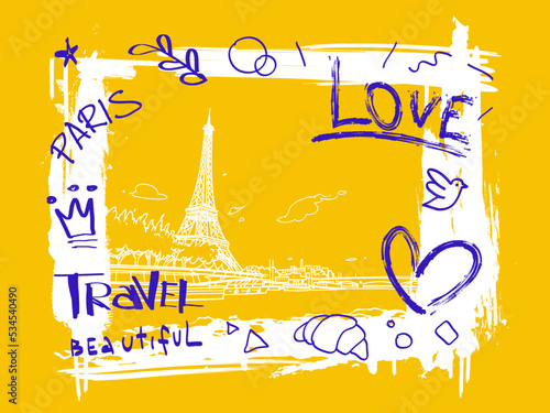 Paris city ​​in a beautiful stylish frame with text. Hand drawn sketch art. Vector illustration.