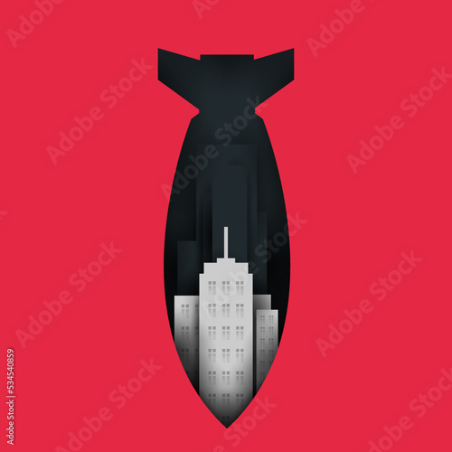 Big bomb with building on red background. Creative minimalistic composition in 3d layered paper cut style. Modern concept art design. Cartoon vector illustration.