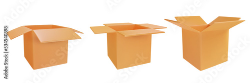Mockup paper or carton square box. Set 3d realistic open yellow cardboard package isolated on white background. Template empty for branding. Simple fashion design element. Vector illustration.