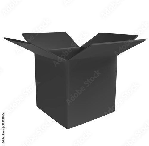 3d realistic open black cardboard package isolated on white background. Template empty for branding. Mockup paper or carton square box. Simple fashion design element. Vector illustration.