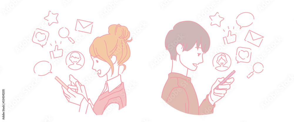 マッチングアプリ・出会い系サイトを利用する若い男女とアイコン　セット