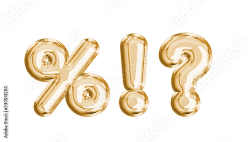 Luxury realistic 3d illustration gold helium balloons with clipping path. question mark, exclamation mark , percent , Educational symbols 3D illustrations . Mock up balloon foil .