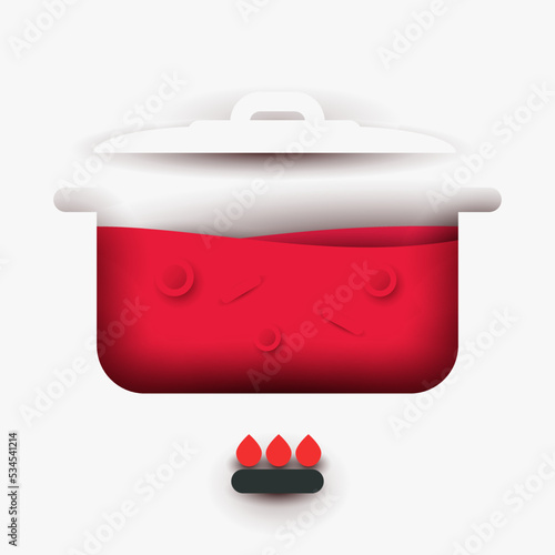 Borscht in pot. Traditional ukrainian food. Creative minimalistic composition in 3d layered paper cut style. Modern concept art design. Cartoon vector illustration.