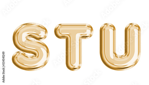 Luxury realistic 3d illustration gold helium balloons with clipping path . Mock up balloon foil alphabet S ,T,U texture isolated on white background .