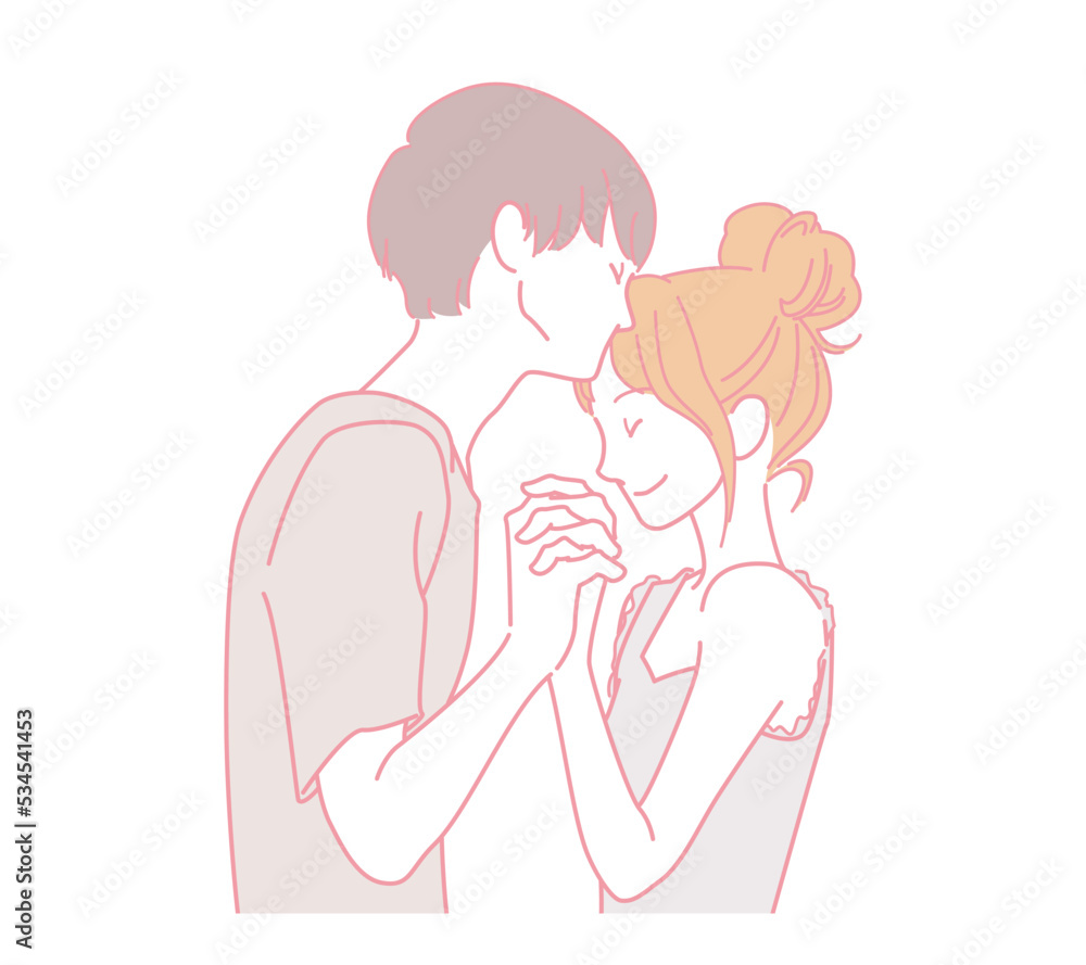 でこちゅー　カップルつなぎする恋人　男女　おうちデート