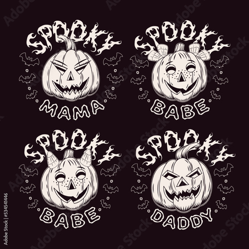 Round vintage emblems with text, silhouette of bats, pumpkins like human characters, parents and kids. Holiday monochrome illustration on a black background