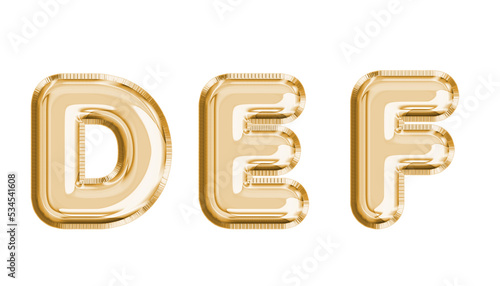 Luxury realistic 3d illustration gold helium balloons with clipping path . Mock up balloon foil alphabet D ,E,F texture isolated on white background .
