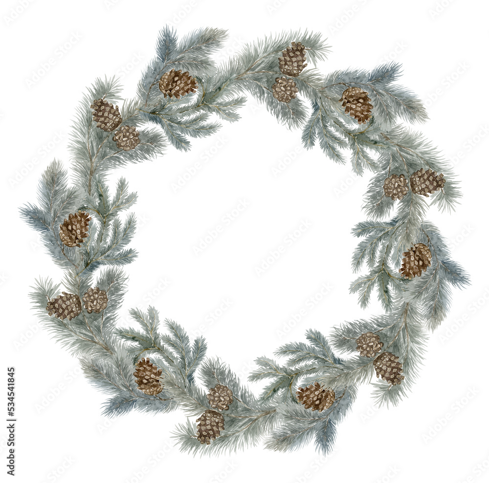 Watercolor Christmas Wreath. White background.