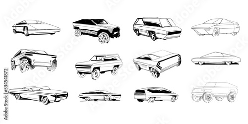 Set of hand drawn cars of the future. 
