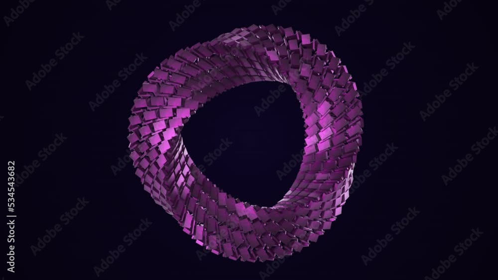 Rotation of rectangular particles looped by reflections on a black background, Abstract twisted shape. Pink particles on a dark blue background. Business presentation. Rotation of rectangular particles looped by reflections on a black background, Abstract twisted shape. Pink particles on a dark blue background. Business presentation.