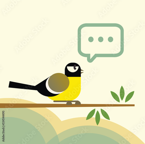 Flat style vector illustration of a great tit bird sitting on a branch with green leaves, speech bubble. Messenger, Language learning application graphics