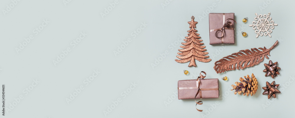 Christmas New Year flatlay with gifts and holiday decor top view. Creative modern layout