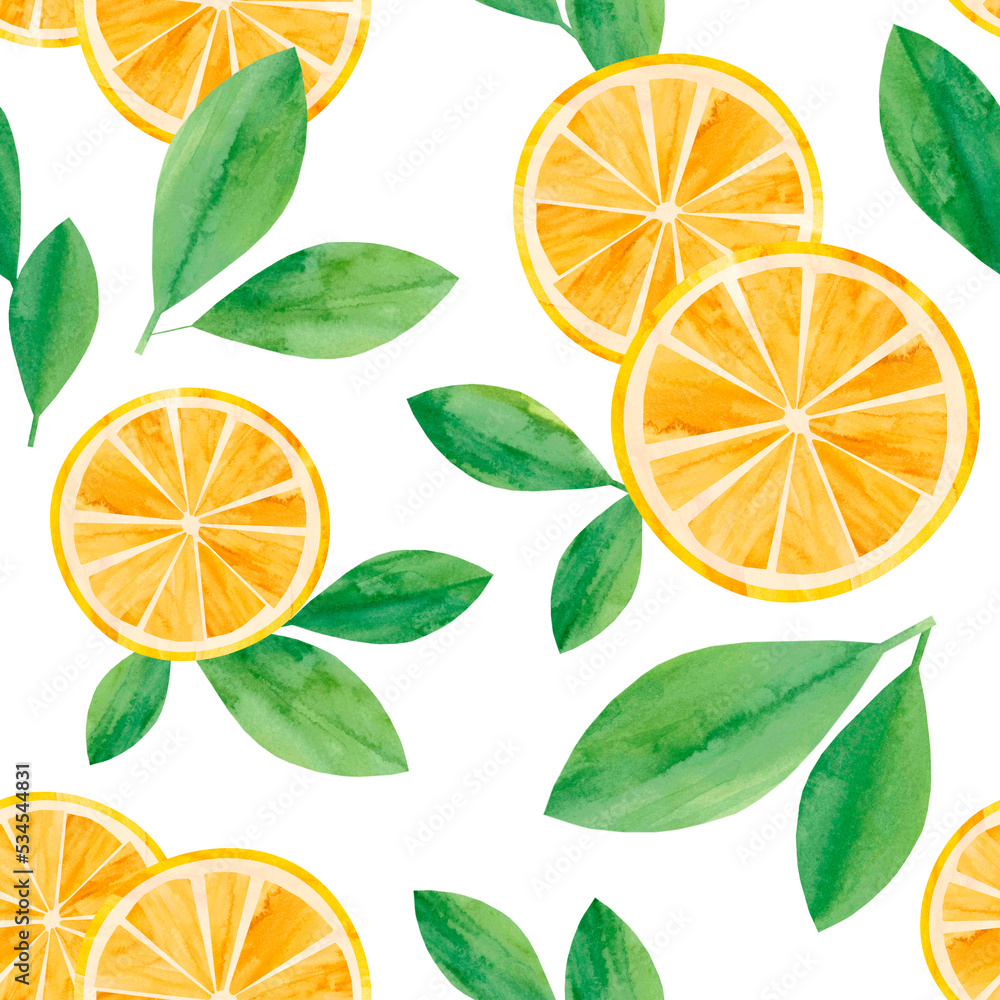 Seamless citrus pattern. Round orange slices and green leaves on a white background. Hand-drawn in watercolor. Design for fabric, textiles, packaging, wrapping, cover.