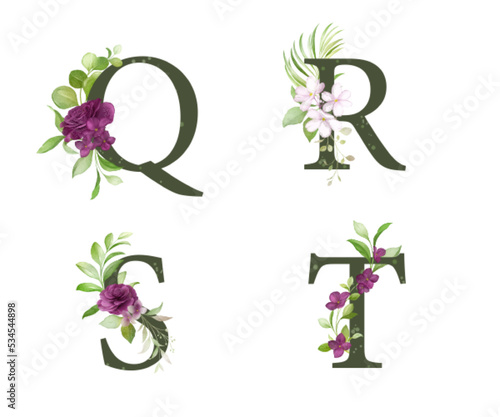 Alphabet set of A, B, C, D with watercolor floral decoration