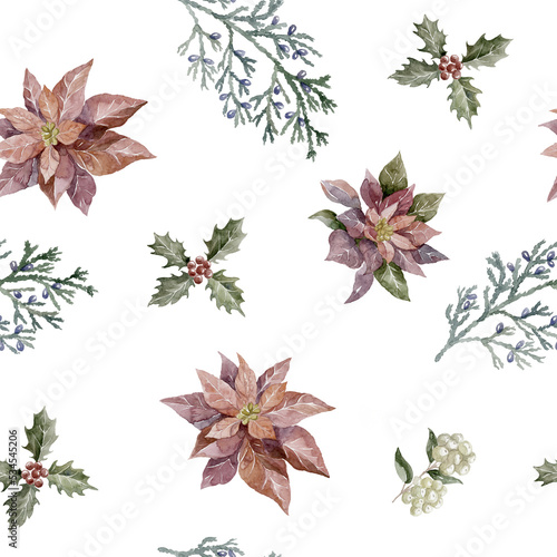 Watercolor Christmas Seamless Pattern. White Background.