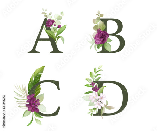 Alphabet set of A, B, C, D with watercolor floral decoration