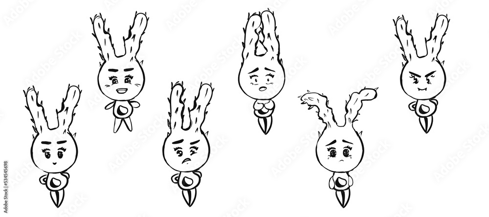 Set of emotions of black contour images of a monster on a white background Set of emotions of black contour images of a monster on a white background