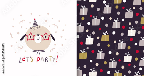 Birthday greeting card with cartoon dog in party hat. Hand drawn 