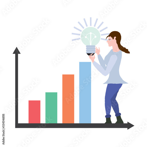 Businesswoman holding a bulb on top of the column graph. Business concept of goals, success, achievement and challenge.