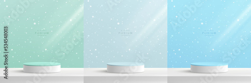 Set of 3d green, blue, white realistic cylinder pedestal podium with snow fall background. Merry christmas concept. Vector geometric form. Abstract minimal scene mockup product display, stage showcase