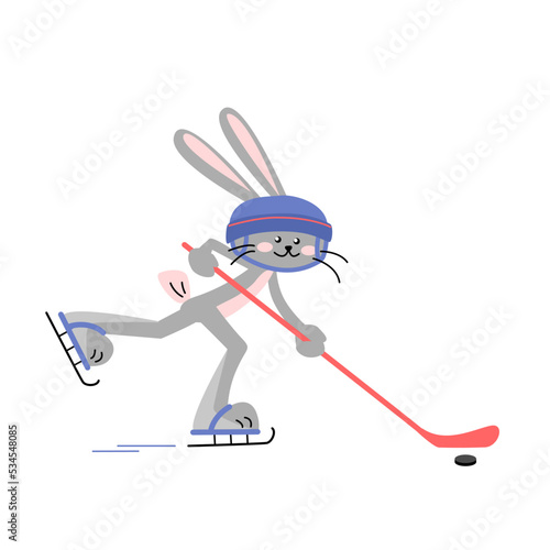 Happy rabbit plays a hockey. Vector isolated colorful illustration in flat style.	