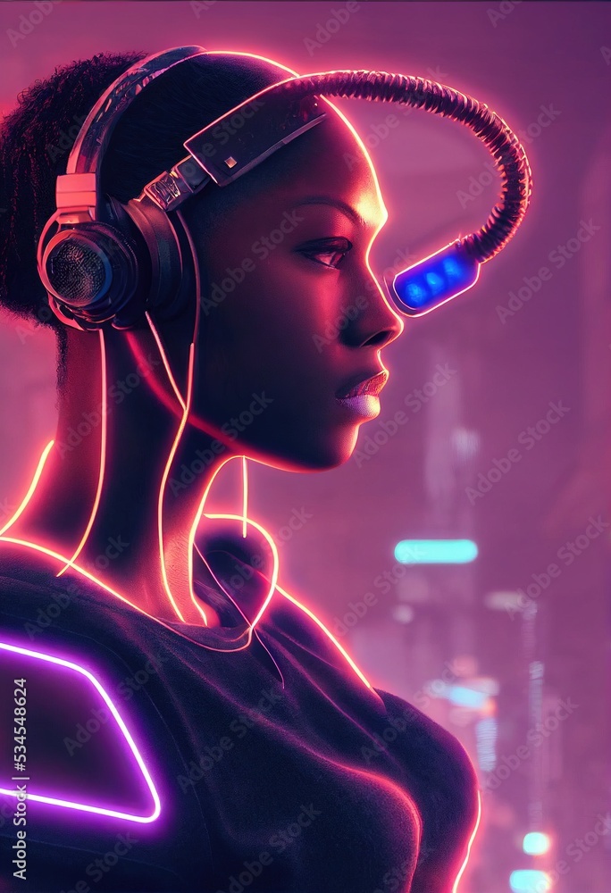 A fictional portrait of a ebony girl wearing a cyberpunk headset and ...