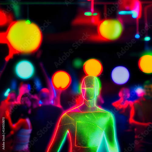 Illustration of an android on the dance floor before a crowd of onlookers  with bright colors and bokeh