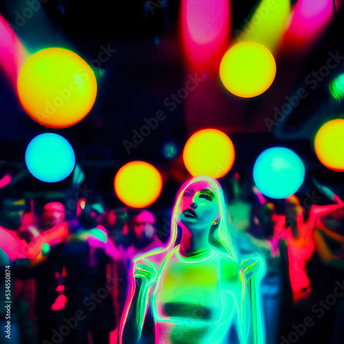 Illustration of a lady's night out on the dance floor before a crowd of onlookers, with bright colors and bokeh