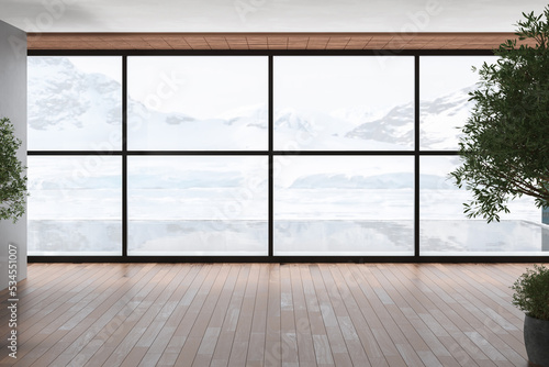 Modern style empty room with winter view. There are wood floor  gray wall The room has large windows. Looking out to see the view of mountain and snow. 3d Rendering