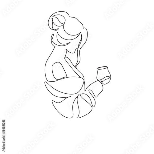 Woman with wine glass line draw. Drawing with one continuous line. Linear glamor logo in a minimalistic style for a wine label.